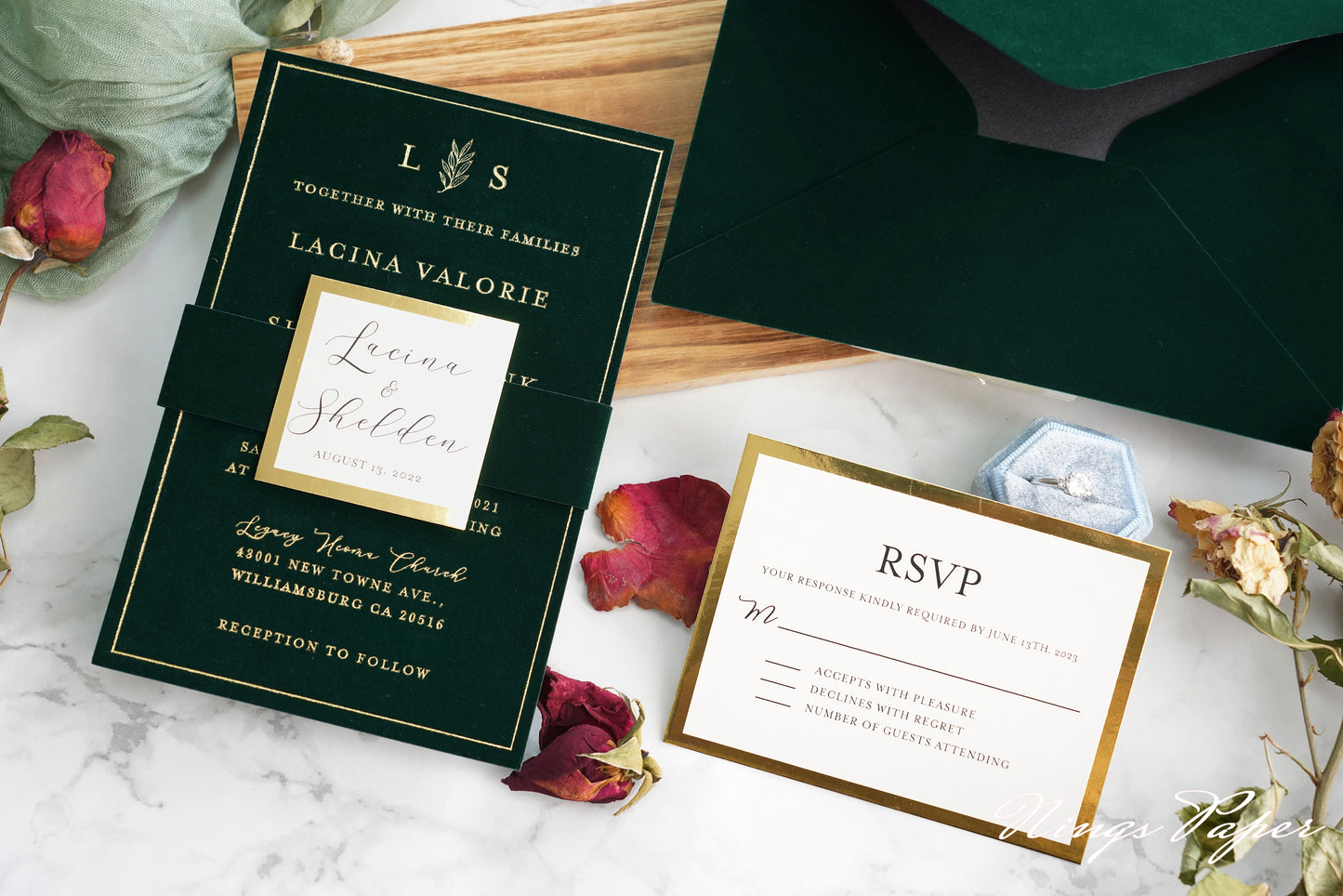 NingsPaper Emerald Green Gold Foil Print Velvet Wedding Invitation Cards with Envelopes