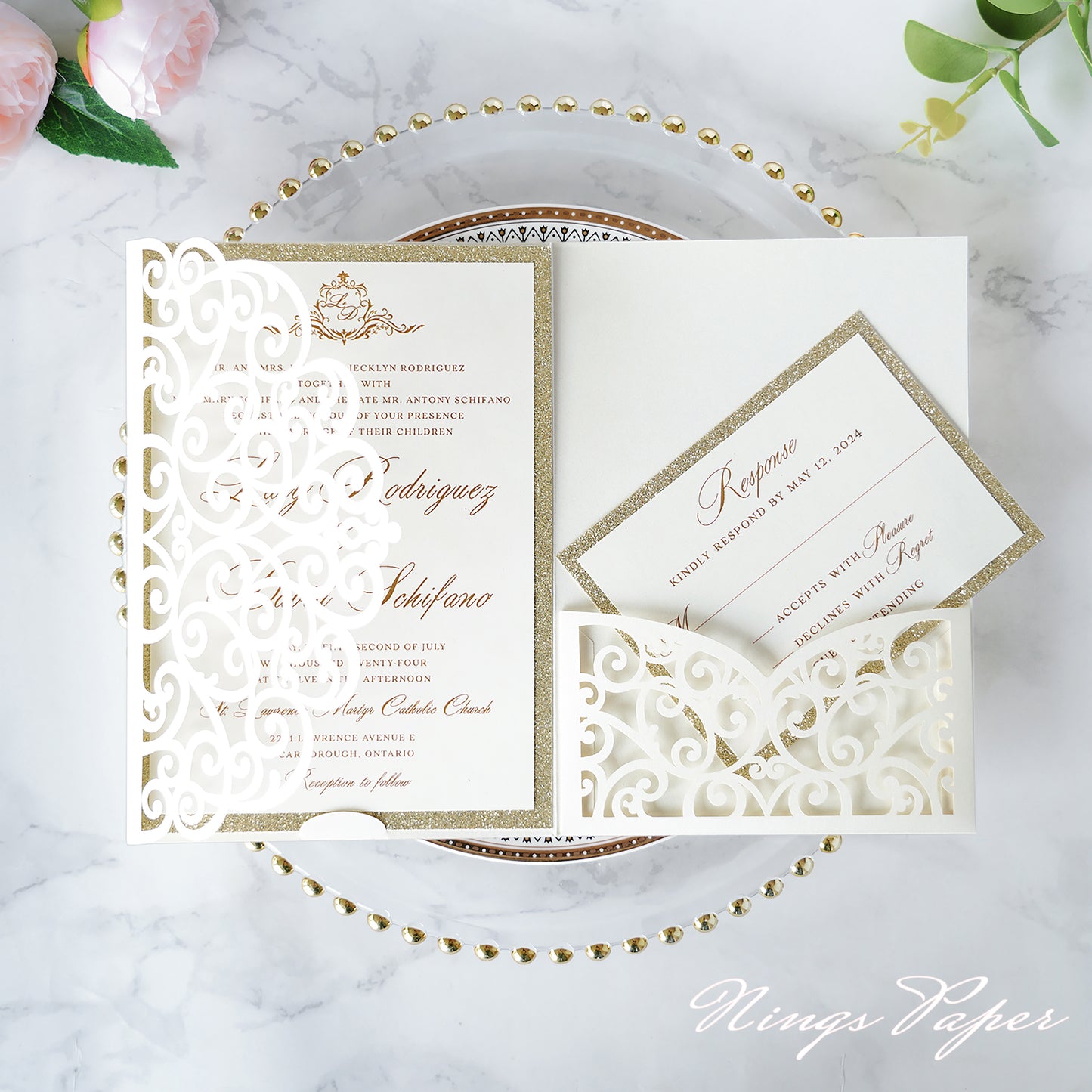 NingsPaper Ivory Triple Folded Laser Cut Wedding Invitation Pocket