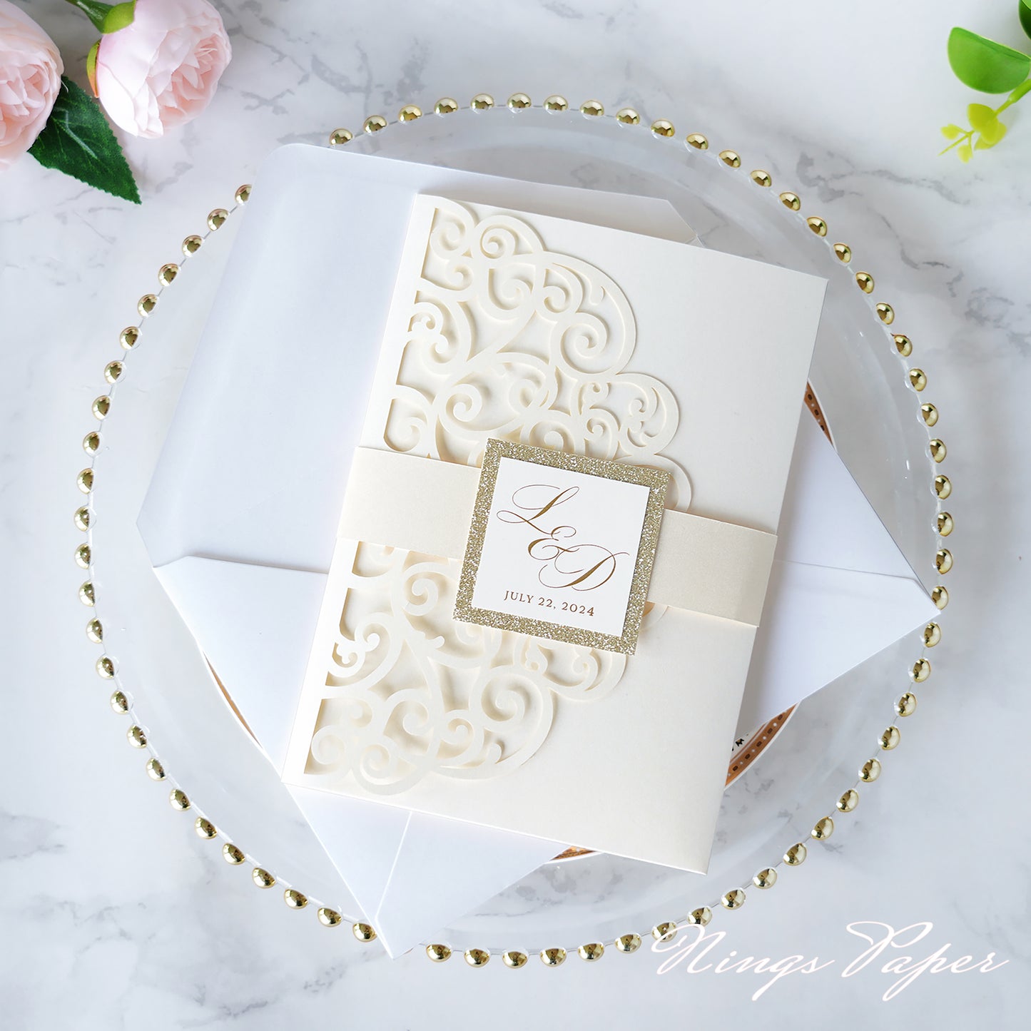 NingsPaper Ivory Triple Folded Laser Cut Wedding Invitation Pocket