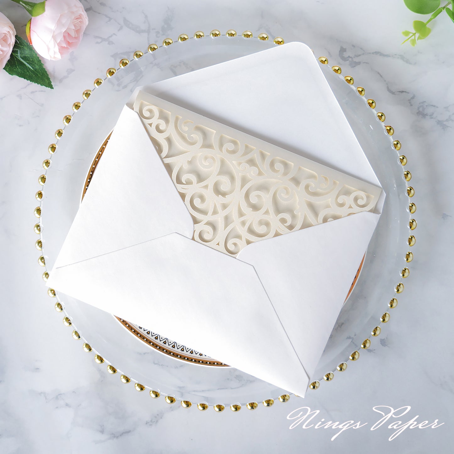 NingsPaper Ivory Triple Folded Laser Cut Wedding Invitation Pocket