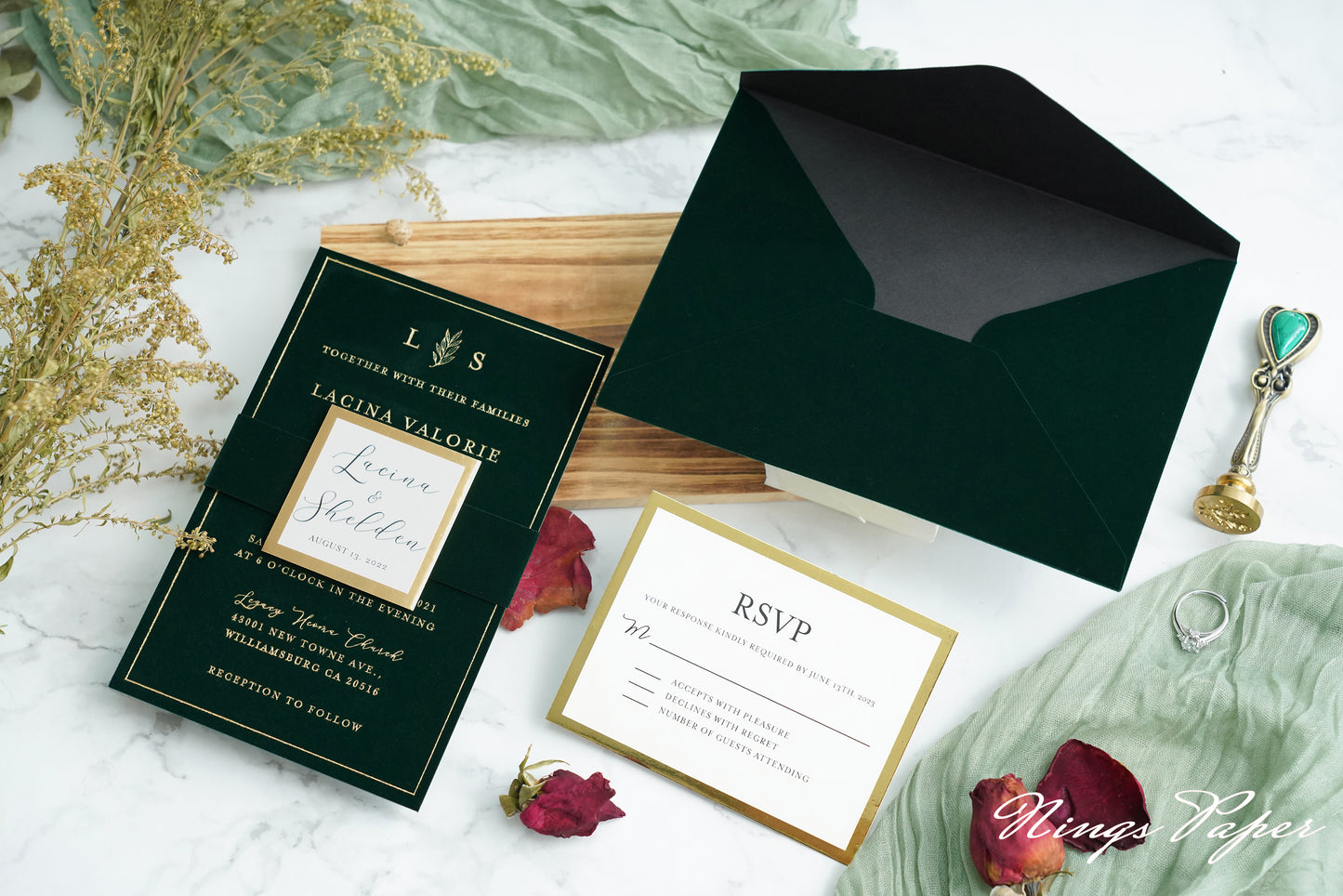 NingsPaper Emerald Green Gold Foil Print Velvet Wedding Invitation Cards with Envelopes