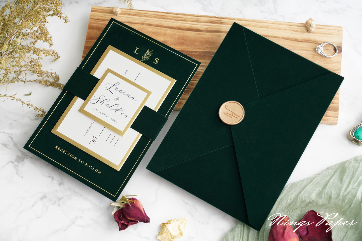 NingsPaper Emerald Green Gold Foil Print Velvet Wedding Invitation Cards with Envelopes