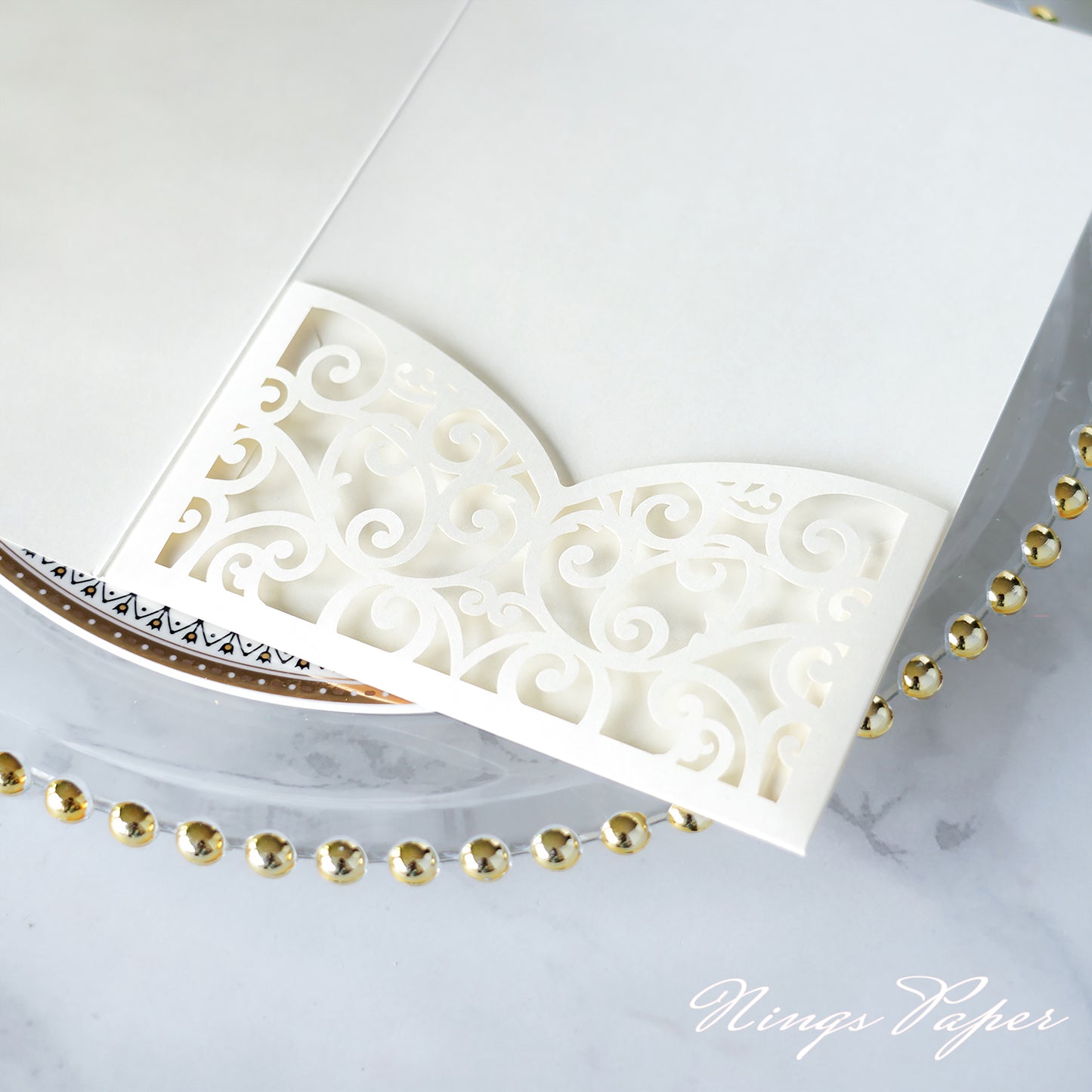 NingsPaper Ivory Triple Folded Laser Cut Wedding Invitation Pocket