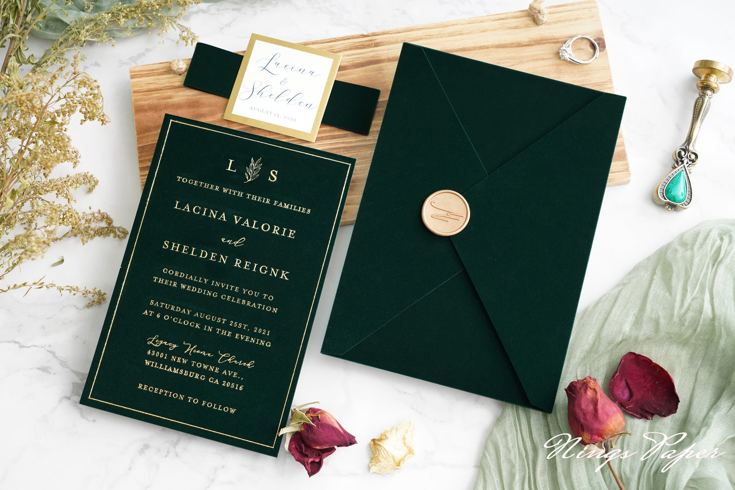 NingsPaper Emerald Green Gold Foil Print Velvet Wedding Invitation Cards with Envelopes