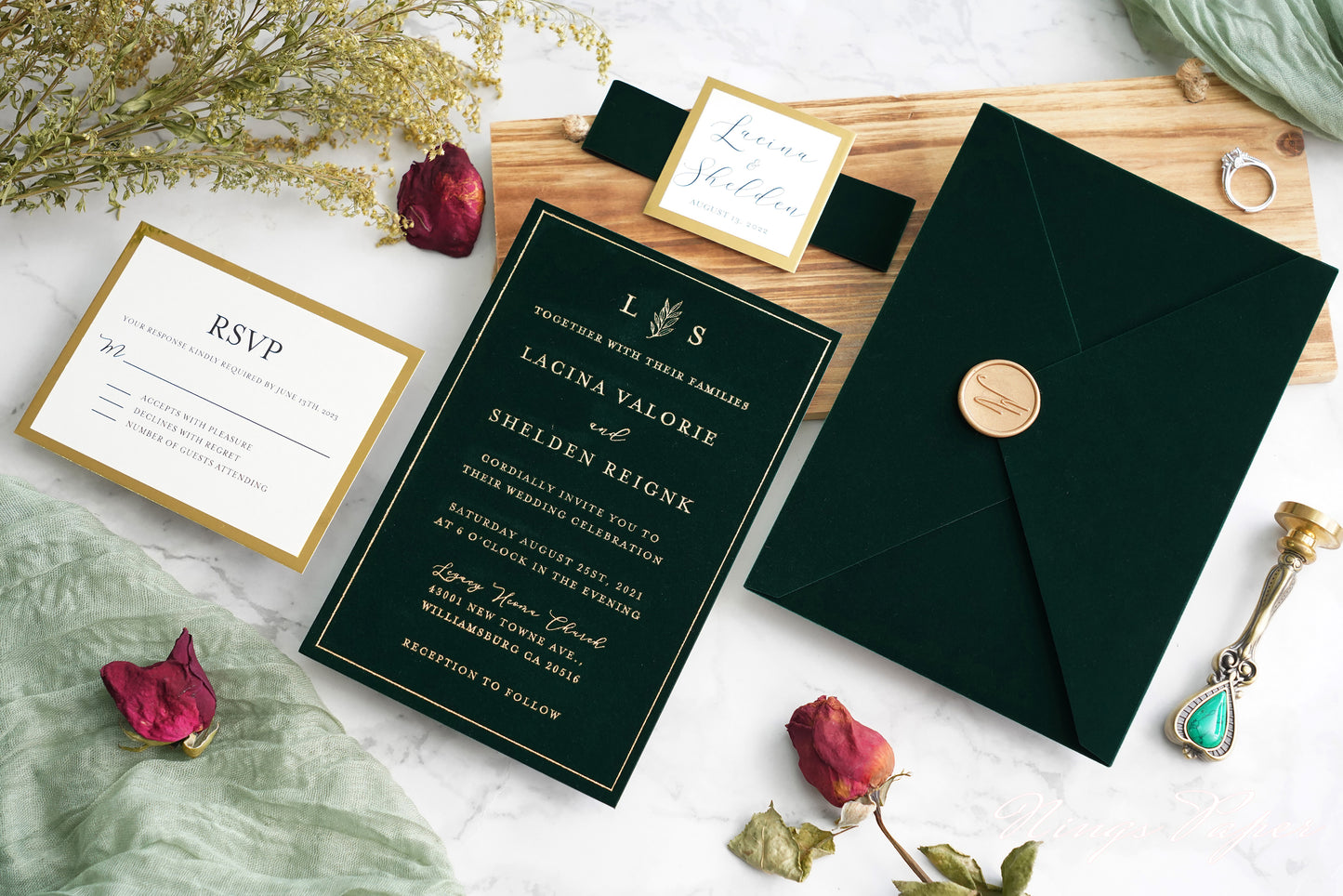 NingsPaper Emerald Green Gold Foil Print Velvet Wedding Invitation Cards with Envelopes