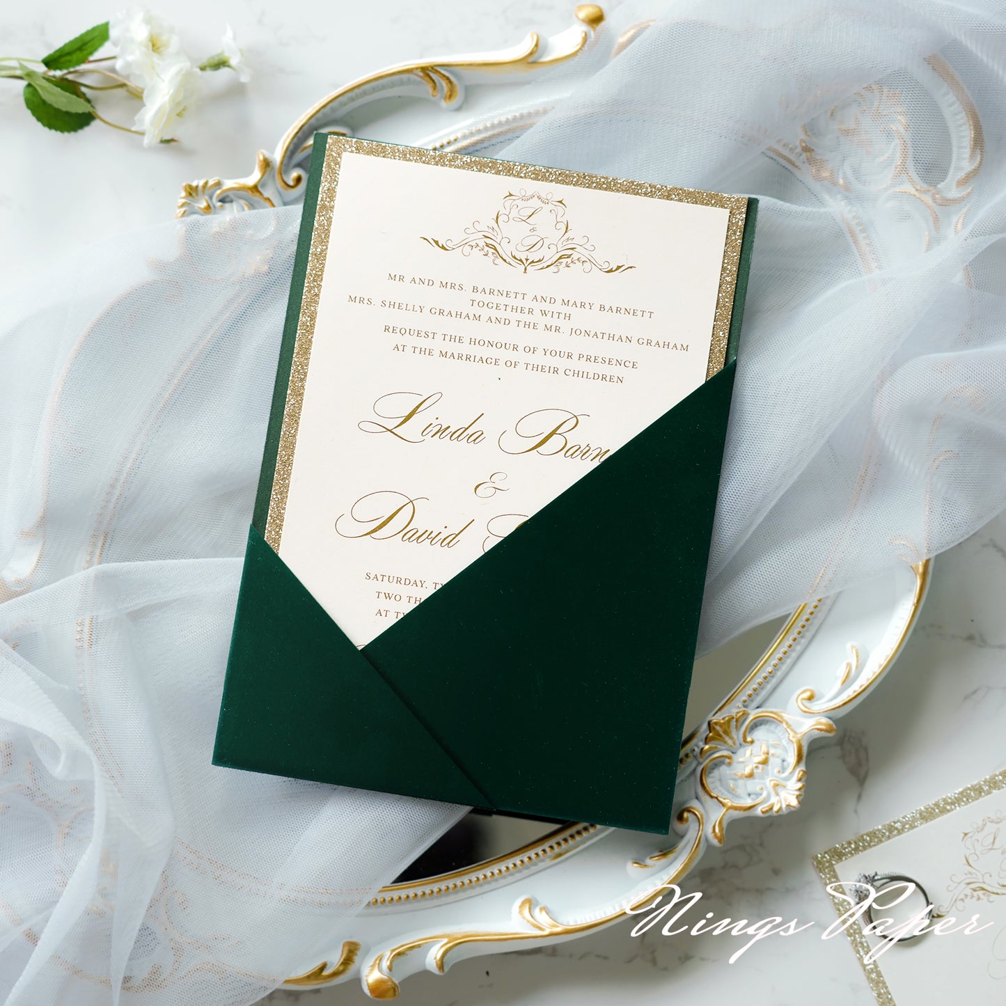 NingsPaper Emerald Velvet Panel Pocket Wedding Invitation Cards with Envelopes