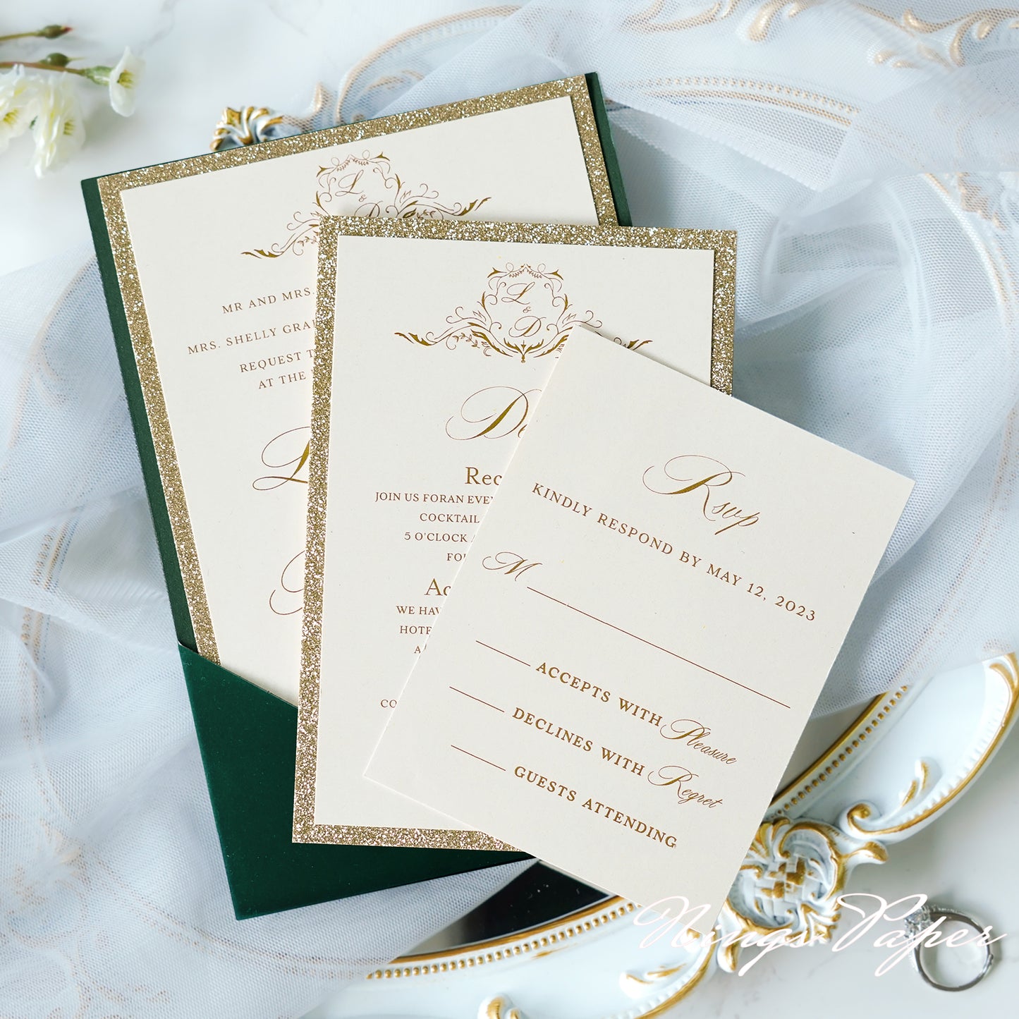 NingsPaper Emerald Velvet Panel Pocket Wedding Invitation Cards with Envelopes