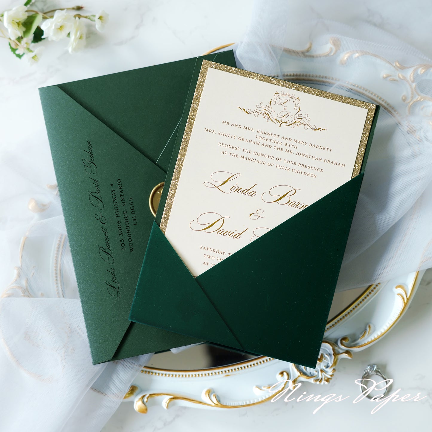 NingsPaper Emerald Velvet Panel Pocket Wedding Invitation Cards with Envelopes