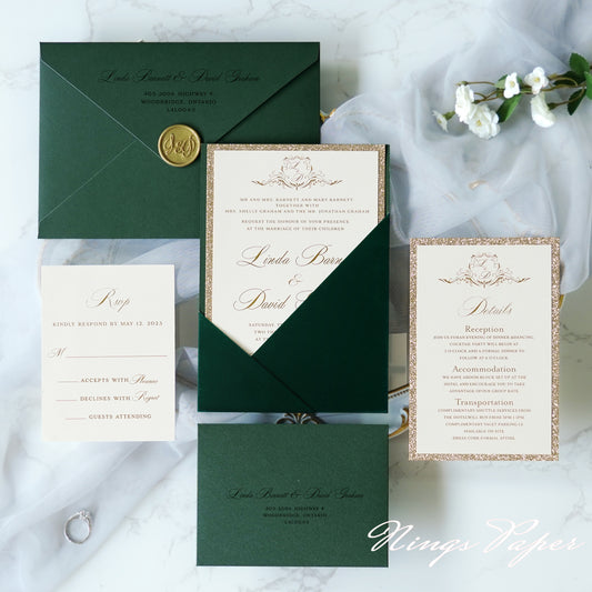 NingsPaper Emerald Velvet Panel Pocket Wedding Invitation Cards with Envelopes