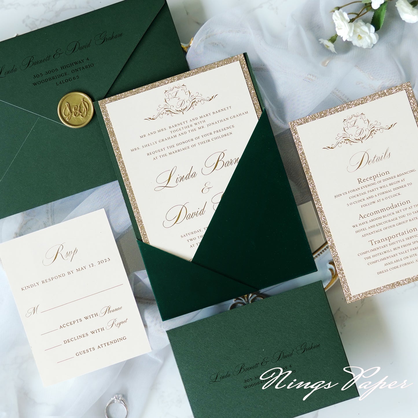 NingsPaper Emerald Velvet Panel Pocket Wedding Invitation Cards with Envelopes