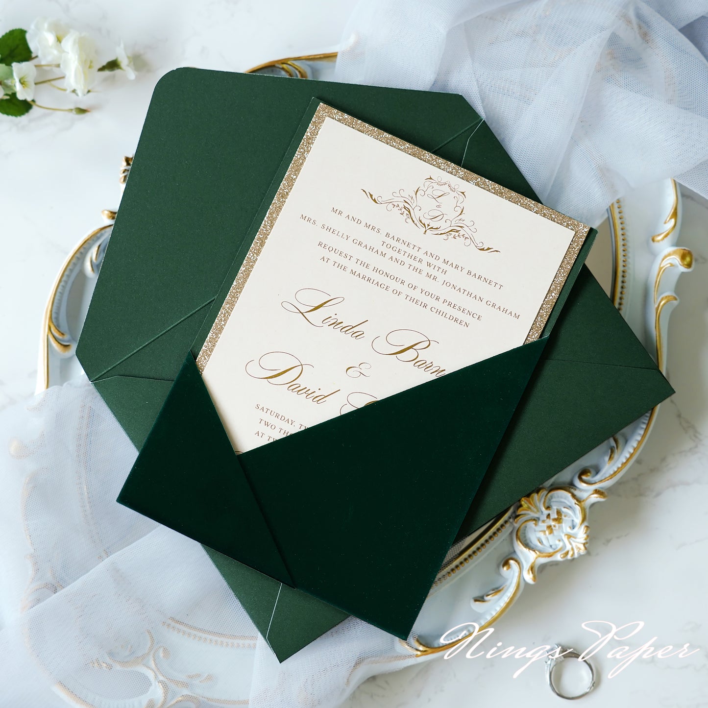 NingsPaper Emerald Velvet Panel Pocket Wedding Invitation Cards with Envelopes