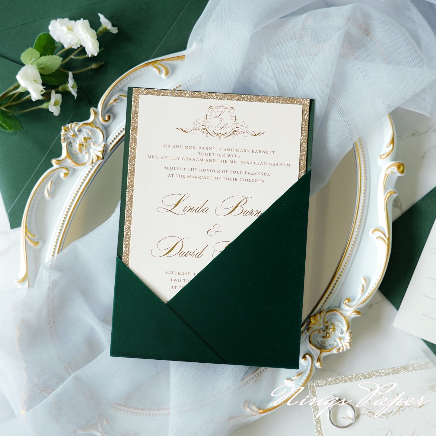 NingsPaper Emerald Velvet Panel Pocket Wedding Invitation Cards with Envelopes