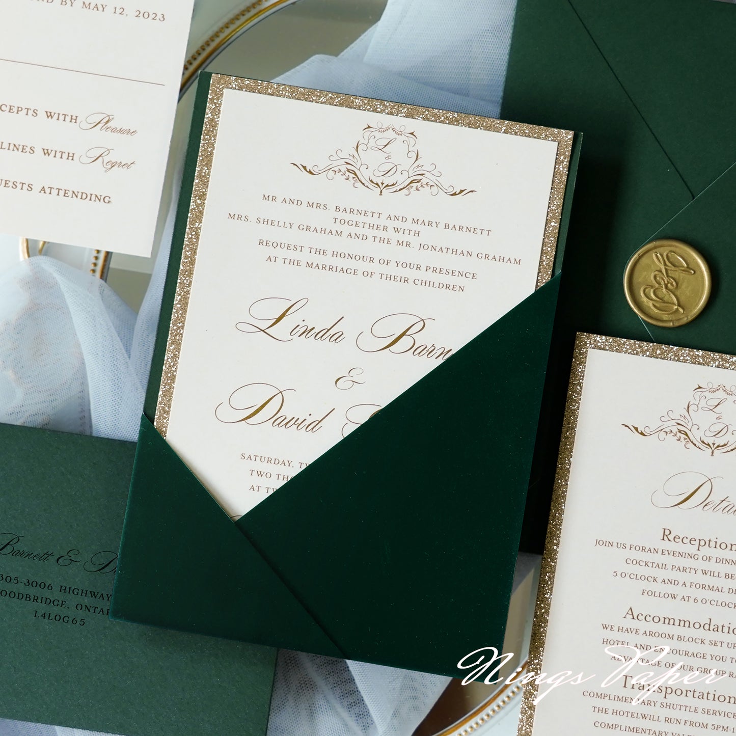 NingsPaper Emerald Velvet Panel Pocket Wedding Invitation Cards with Envelopes