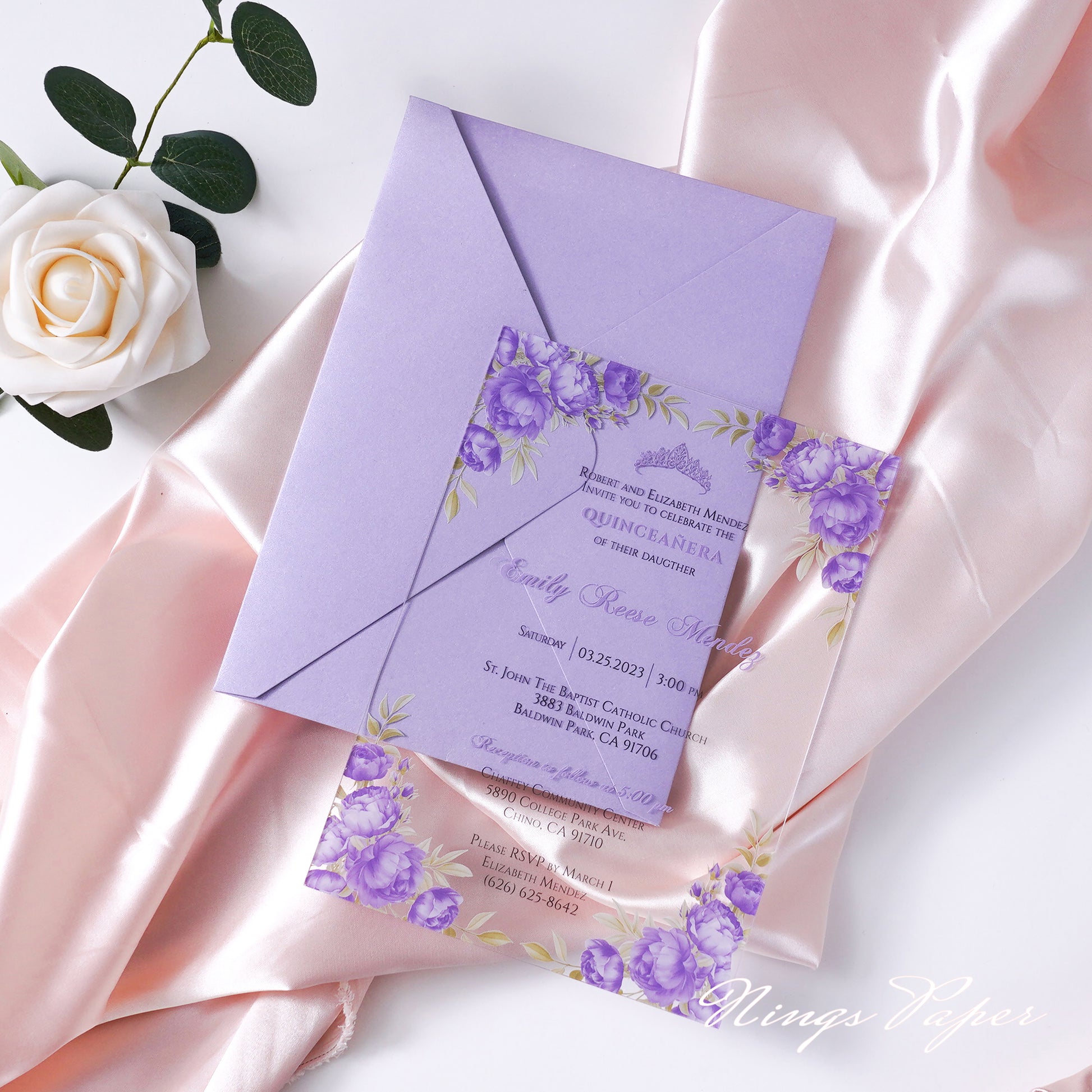 1mm/0.04 Lilac Clear Acrylic Quinceanera Invitation Cards with Envelopes