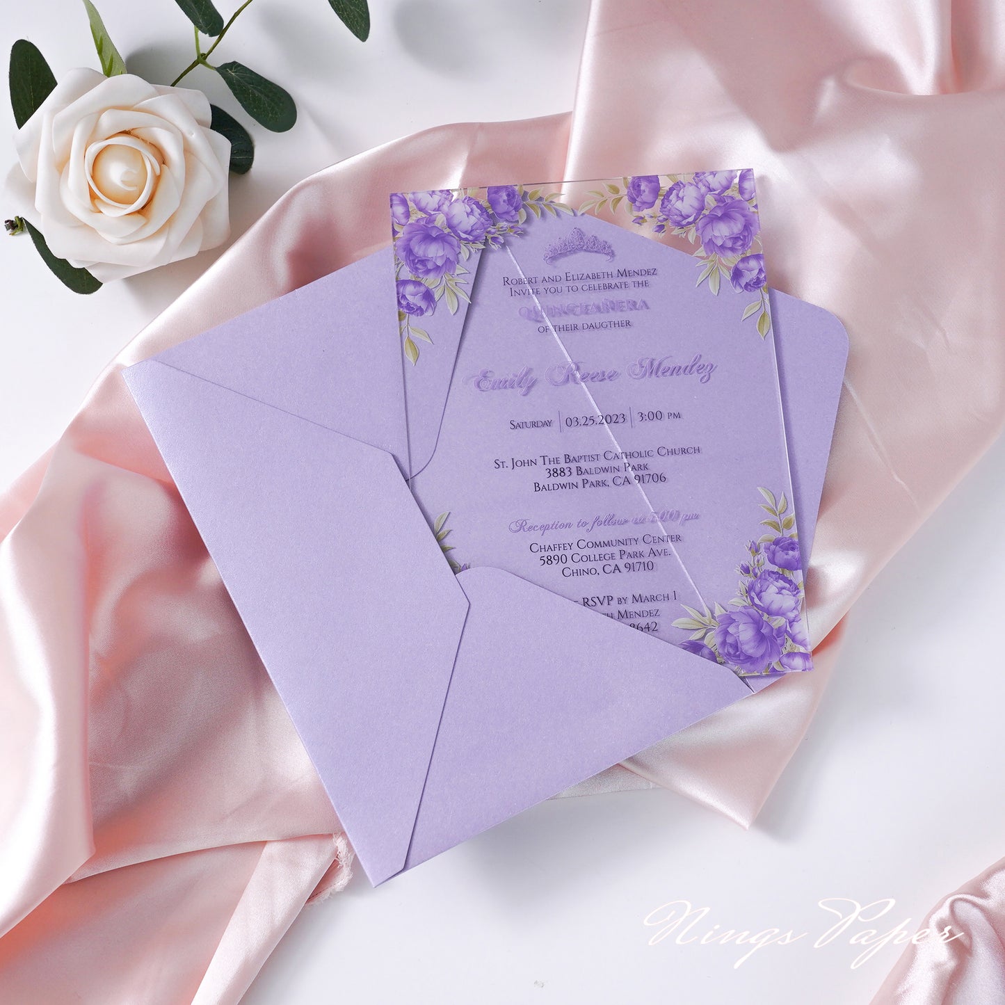 1mm/0.04 Lilac Clear Acrylic Quinceanera Invitation Cards with