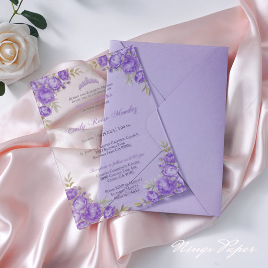 1mm/0.04" Lilac Clear Acrylic Quinceanera Invitation Cards with Envelopes