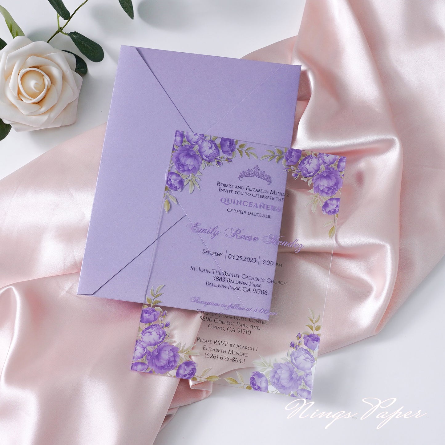 1mm/0.04" Lilac Clear Acrylic Quinceanera Invitation Cards with Envelopes