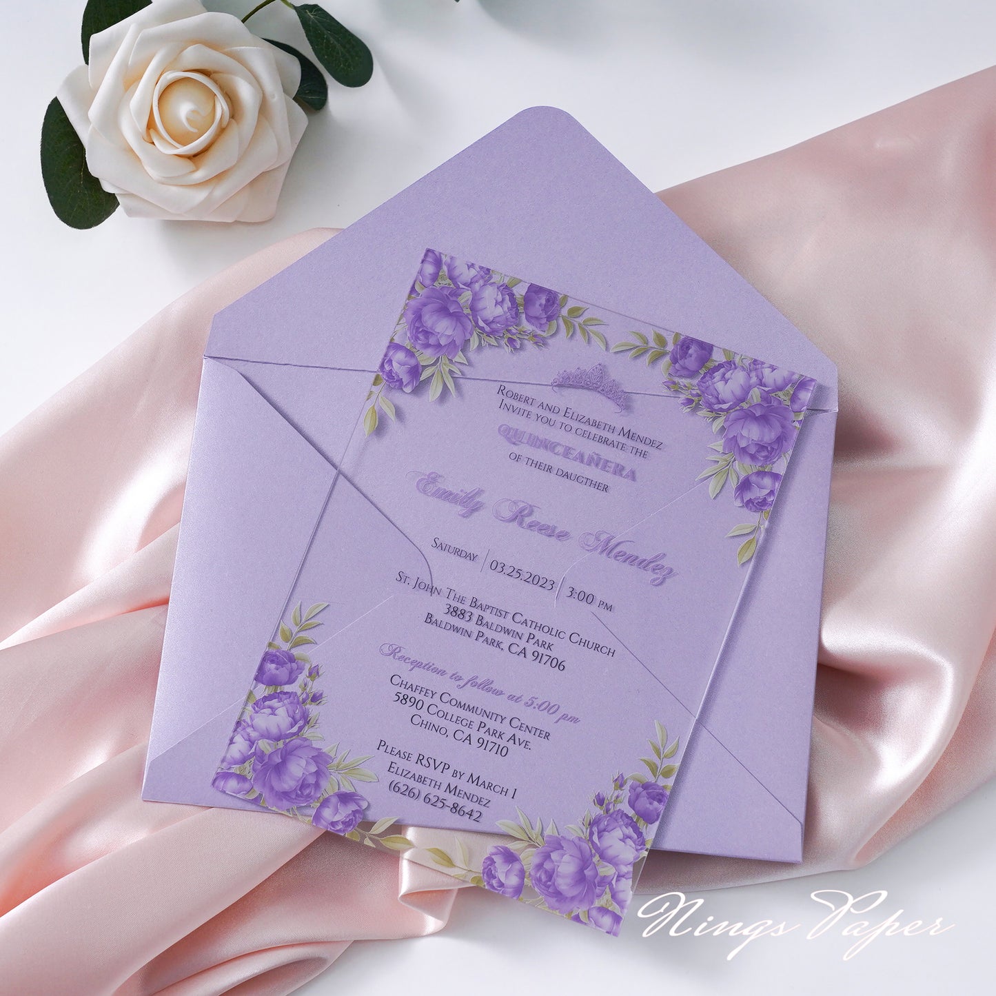 1mm/0.04" Lilac Clear Acrylic Quinceanera Invitation Cards with Envelopes