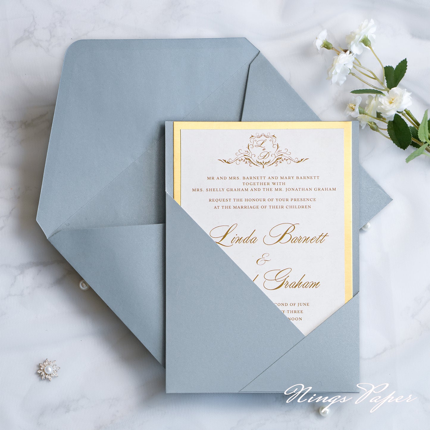 NingsPaper Dusty Blue Panel Pocket Wedding Invitations Cards with Envelopes