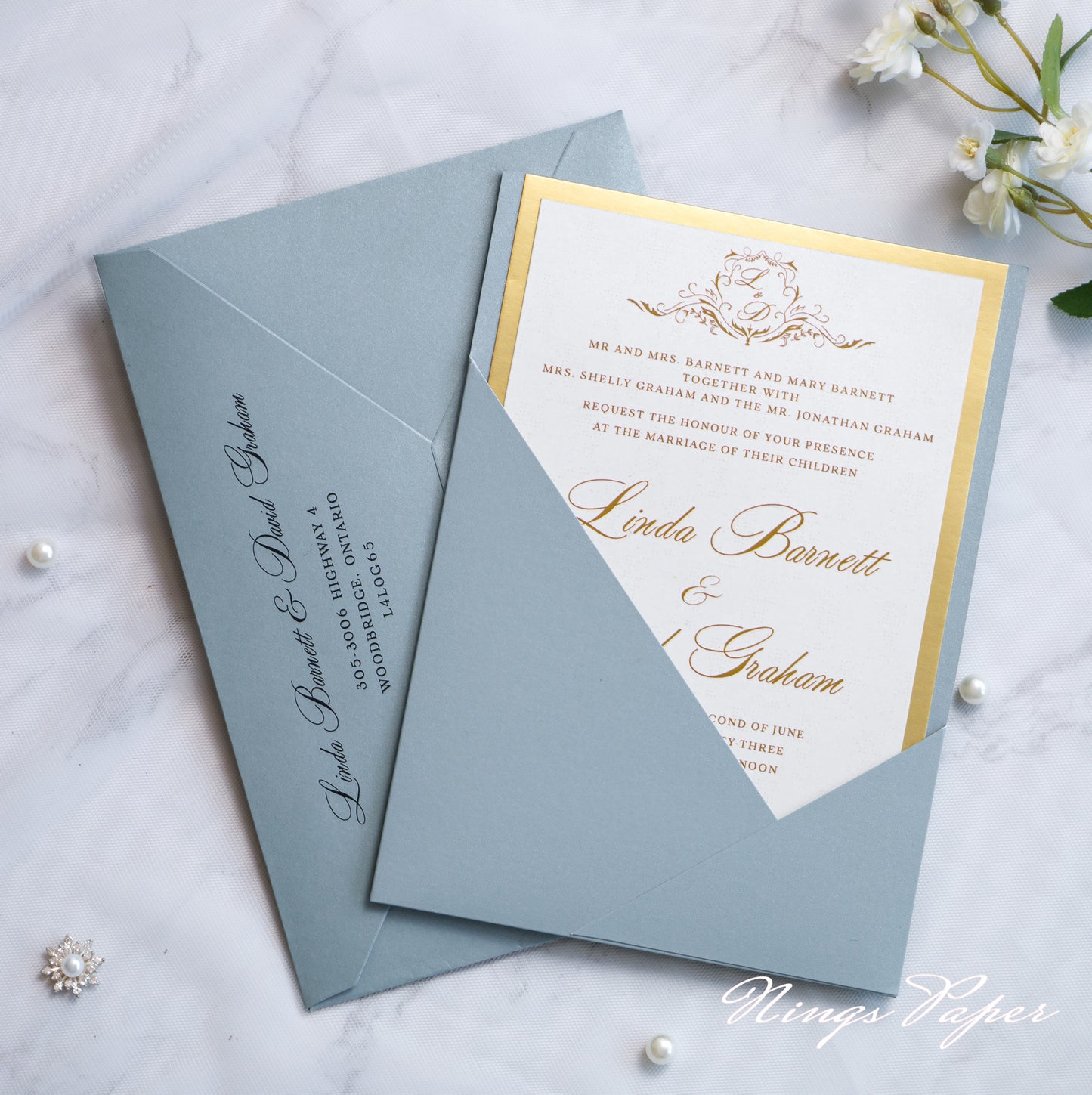 NingsPaper Dusty Blue Panel Pocket Wedding Invitations Cards with Envelopes