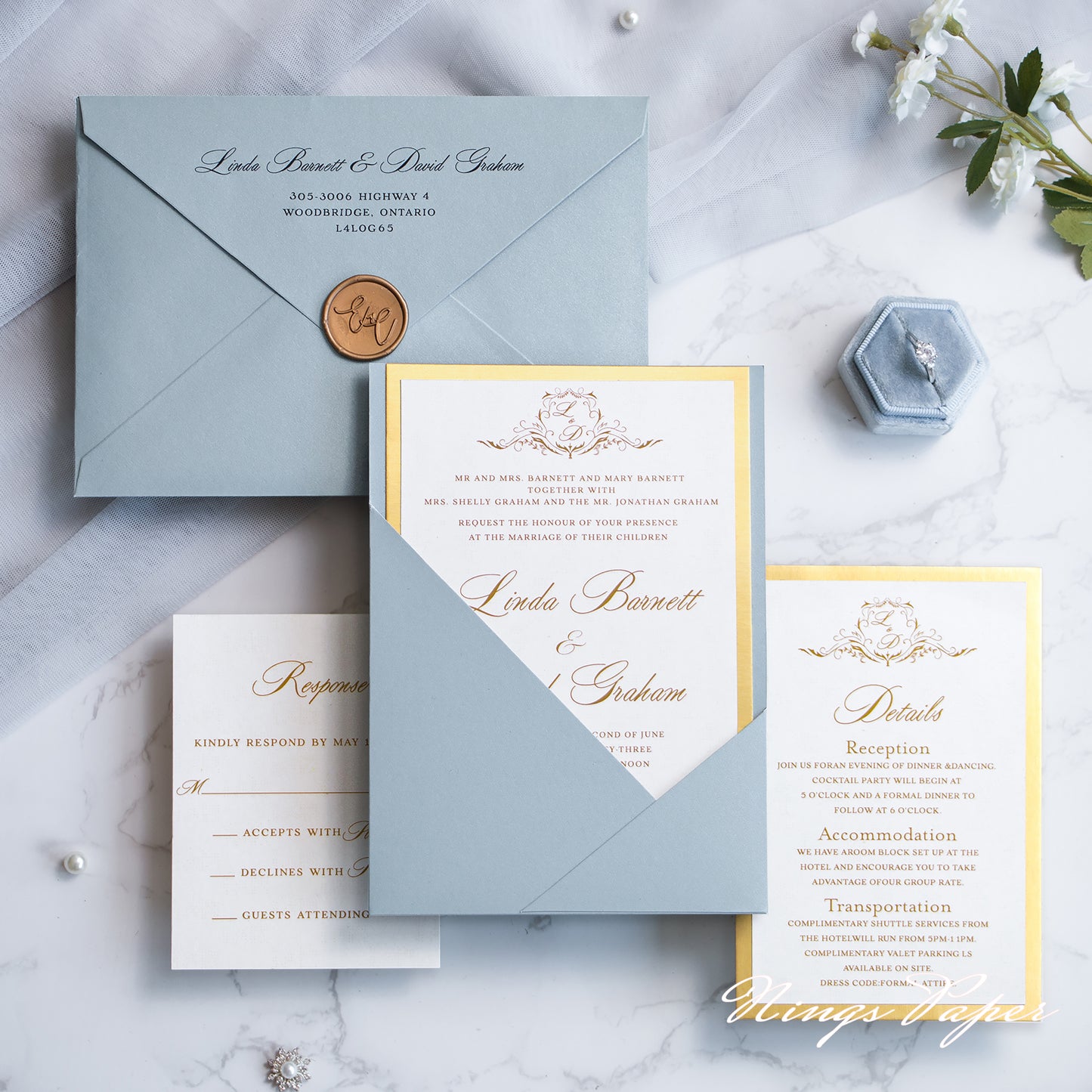 NingsPaper Dusty Blue Panel Pocket Wedding Invitations Cards with Envelopes