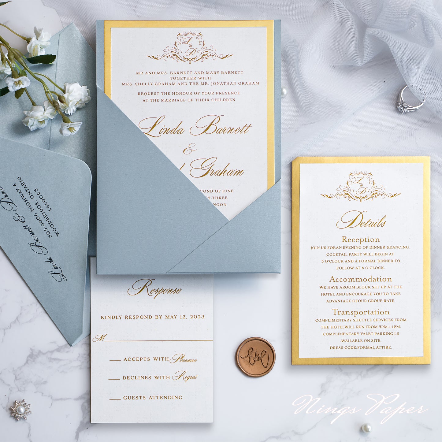 NingsPaper Dusty Blue Panel Pocket Wedding Invitations Cards with Envelopes