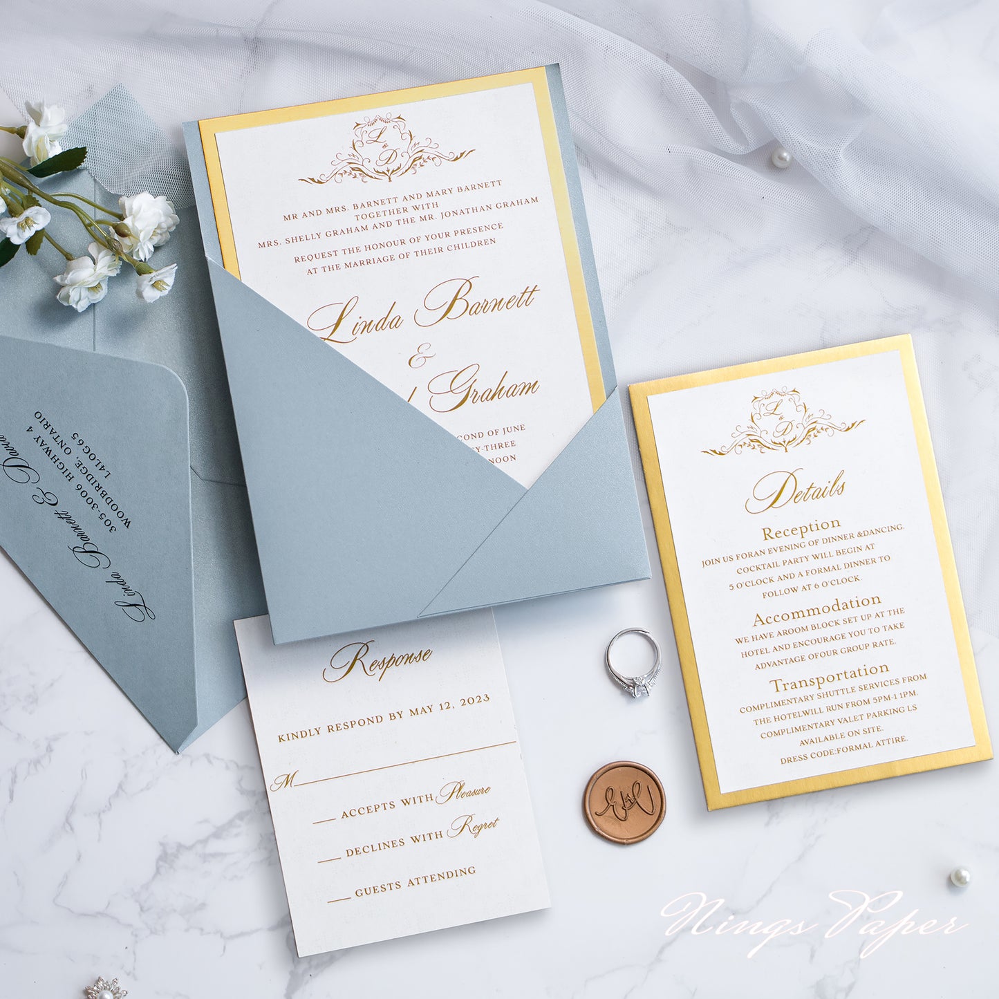 NingsPaper Dusty Blue Panel Pocket Wedding Invitations Cards with Envelopes