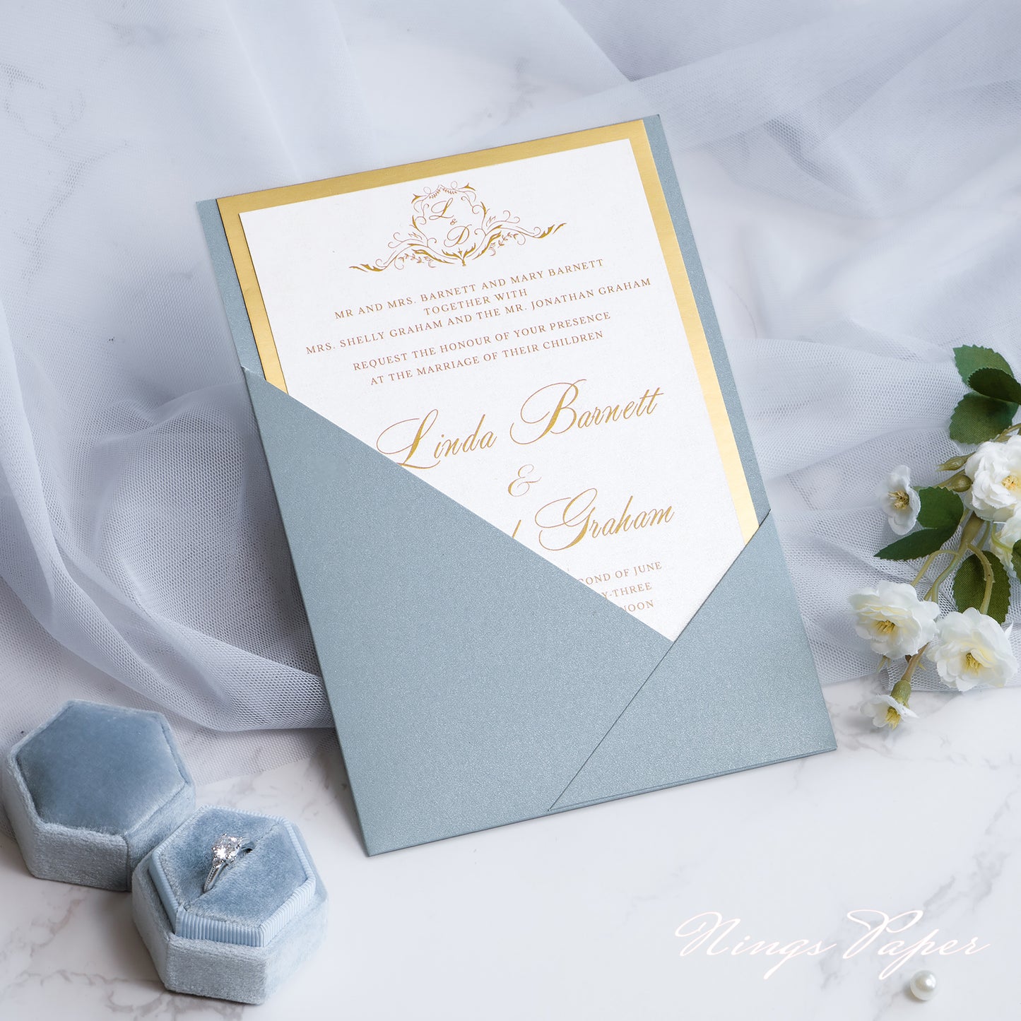 NingsPaper Dusty Blue Panel Pocket Wedding Invitations Cards with Envelopes